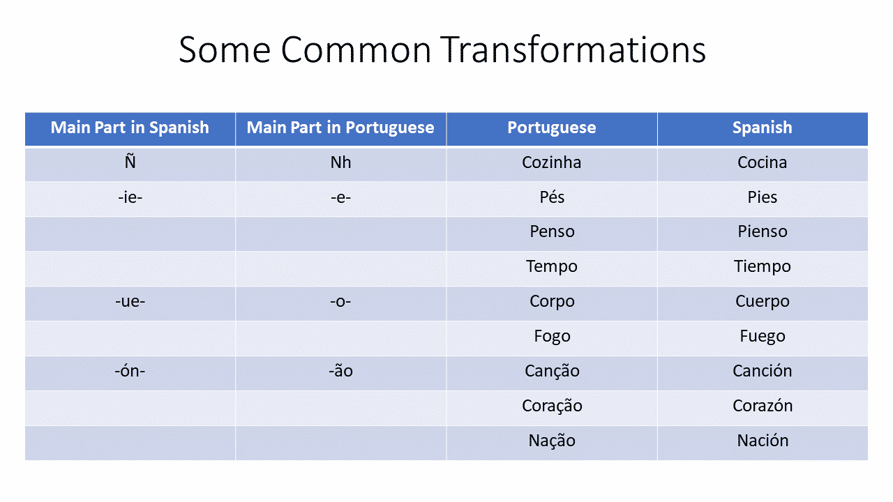 table comparison spanish and portuguese similarity